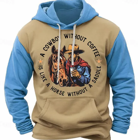 Online OUKU Men's Cowboy Hoodie Hoodies Sweatshirt Fashion Cowboy Long Sleeve Crew Neck Light Brown Blue Fall Winter Designer