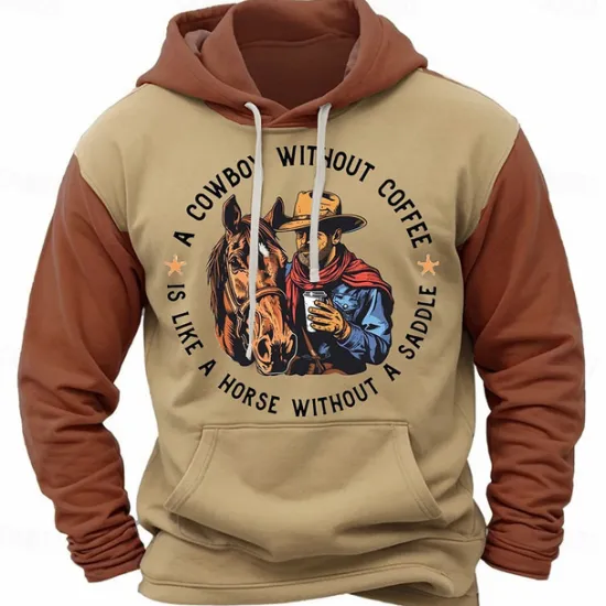 Online OUKU Men's Cowboy Hoodie Hoodies Sweatshirt Fashion Cowboy Long Sleeve Crew Neck Light Brown Blue Fall Winter Designer