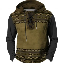 Clearance OUKU Men's Cowboy Hoodies Casual Vintage Retro Long Sleeve Hooded Vacation Going out Hunting Blue Brown Drawstring Fall Winter Designer