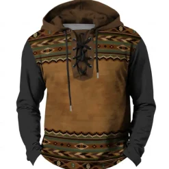 Clearance OUKU Men's Cowboy Hoodies Casual Vintage Retro Long Sleeve Hooded Vacation Going out Hunting Blue Brown Drawstring Fall Winter Designer
