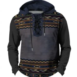Clearance OUKU Men's Cowboy Hoodies Casual Vintage Retro Long Sleeve Hooded Vacation Going out Hunting Blue Brown Drawstring Fall Winter Designer