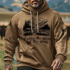 Outlet OUKU Men's Cowboy Hoodies Sweatshirt Ethnic Cowboy Long Sleeve Crew Neck Holiday Streetwear Black White Drawstring Fall Winter Designer