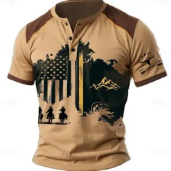 OUKU Men's Cowboy T shirt Henley Shirt Short Sleeve 3D Print Designer Retro Vintage Western Style Street Casual Daily Summer Spring Light Brown Blue Brown Henley Henley T-Shirt