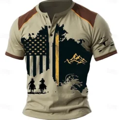 OUKU Men's Cowboy T shirt Henley Shirt Short Sleeve 3D Print Designer Retro Vintage Western Style Street Casual Daily Summer Spring Light Brown Blue Brown Henley Henley T-Shirt