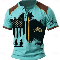 OUKU Men's Cowboy T shirt Henley Shirt Short Sleeve 3D Print Designer Retro Vintage Western Style Street Casual Daily Summer Spring Light Brown Blue Brown Henley Henley T-Shirt