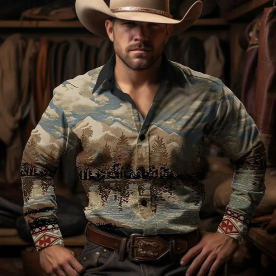 Hot OUKU Men's Cowboy Western Shirt Button Up Shirt Cowboy Shirt Long Sleeve Vintage Western Style Casual Daily Spring Fall & Winter Turndown Collared Shirts 3D Print Front Pocket Brown Green Gray