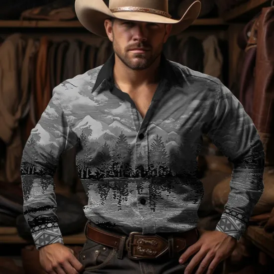 Hot OUKU Men's Cowboy Western Shirt Button Up Shirt Cowboy Shirt Long Sleeve Vintage Western Style Casual Daily Spring Fall & Winter Turndown Collared Shirts 3D Print Front Pocket Brown Green Gray