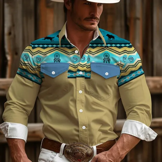 New OUKU Men's Cowboy Western Shirt Button Up Shirt Cowboy Shirt Long Sleeve Vintage Western Daily Wear Going out Weekend Spring Fall Winter Turndown Collared Shirts 3D Print Front Pocket Pink Green Khaki