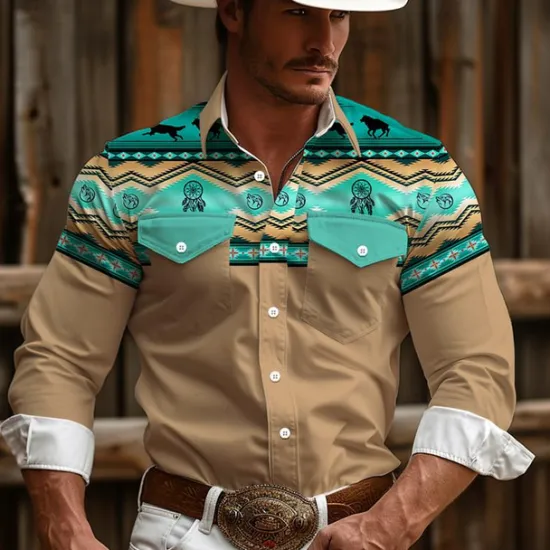 New OUKU Men's Cowboy Western Shirt Button Up Shirt Cowboy Shirt Long Sleeve Vintage Western Daily Wear Going out Weekend Spring Fall Winter Turndown Collared Shirts 3D Print Front Pocket Pink Green Khaki