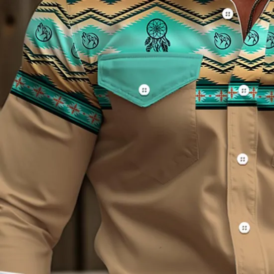New OUKU Men's Cowboy Western Shirt Button Up Shirt Cowboy Shirt Long Sleeve Vintage Western Daily Wear Going out Weekend Spring Fall Winter Turndown Collared Shirts 3D Print Front Pocket Pink Green Khaki