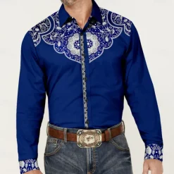 OUKU Men's Cowboy Western Shirt Button Up Shirt Cowboy Shirt Long Sleeve Vintage Western Style Daily Holiday Fall Winter Spring & Summer Turndown Collared Shirts Button Up 3D Print Black Wine Blue Green