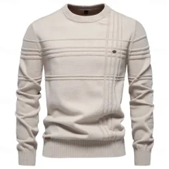 Best OUKU Mens Crewneck Pullover Sweater Knitted Cotton Stripped Quality Autumn Winter Warm Sweaters for Men