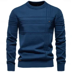 Best OUKU Mens Crewneck Pullover Sweater Knitted Cotton Stripped Quality Autumn Winter Warm Sweaters for Men