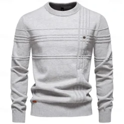 Best OUKU Mens Crewneck Pullover Sweater Knitted Cotton Stripped Quality Autumn Winter Warm Sweaters for Men