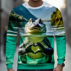 New OUKU Men's Crocodile 3D Funny Sweatshirt Casual Long Sleeve Crew Neck Vacation Party Gift Light Green Green Crewneck 3D All Seasons Designer