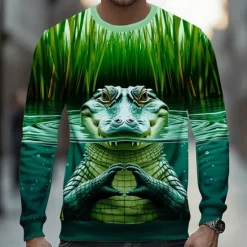 New OUKU Men's Crocodile 3D Funny Sweatshirt Casual Long Sleeve Crew Neck Vacation Party Gift Light Green Green Crewneck 3D All Seasons Designer