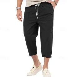 OUKU Men's Cropped Pants Beach Pants Casual Pants Pocket Drawstring Elastic Waist Plain Comfort Ankle-Length Sports Outdoor Daily Fashion Casual Black White Micro-elastic
