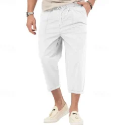 OUKU Men's Cropped Pants Beach Pants Casual Pants Pocket Drawstring Elastic Waist Plain Comfort Ankle-Length Sports Outdoor Daily Fashion Casual Black White Micro-elastic