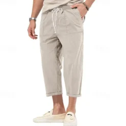 OUKU Men's Cropped Pants Beach Pants Casual Pants Pocket Drawstring Elastic Waist Plain Comfort Ankle-Length Sports Outdoor Daily Fashion Casual Black White Micro-elastic