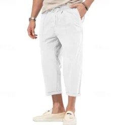 OUKU Men's Cropped Pants Beach Pants Casual Pants Pocket Drawstring Elastic Waist Plain Comfort Ankle-Length Sports Outdoor Daily Fashion Casual Black White Micro-elastic