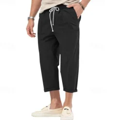 OUKU Men's Cropped Pants Beach Pants Casual Pants Pocket Drawstring Elastic Waist Plain Comfort Ankle-Length Sports Outdoor Daily Fashion Casual Black White Micro-elastic
