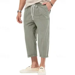 OUKU Men's Cropped Pants Beach Pants Casual Pants Pocket Drawstring Elastic Waist Plain Comfort Ankle-Length Sports Outdoor Daily Fashion Casual Black White Micro-elastic