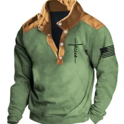 Online OUKU Men's Cross Jesus National Flag Sweatshirts Sweatshirt Long Sleeve Sweatshirt Stand Collar Daily Casual Vintage Retro 3D Print Vacation Sports Outdoor Holiday Print Spring & Fall