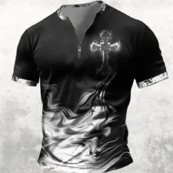 OUKU Men's Cross T Shirt Short Sleeve T shirt 3D Print Half Zip Shirt Retro Vintage Street Casual Daily Summer Spring Clothing Apparel S M L XL XXL XXXL Black