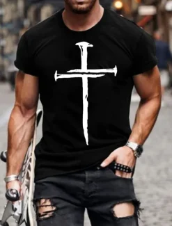 OUKU Men's Cross T Shirt Tee 100% Cotton Short Sleeve Graphic Shirt Wine Heather Gray Black Comfortable Tee Vacation Casual Fashion Designer Clothing