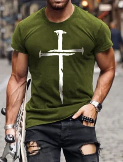 OUKU Men's Cross T Shirt Tee 100% Cotton Short Sleeve Graphic Shirt Wine Heather Gray Black Comfortable Tee Vacation Casual Fashion Designer Clothing