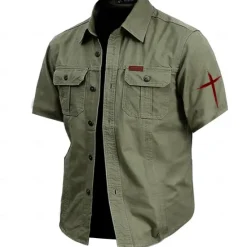 Online OUKU Men's Cross Work Shirt Western Shirt Cargo Shirt Short Sleeve Casual Tactical Sports & Outdoor Going out Summer Spring Turndown Print Army Green Khaki Dark Blue Beige