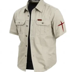 Online OUKU Men's Cross Work Shirt Western Shirt Cargo Shirt Short Sleeve Casual Tactical Sports & Outdoor Going out Summer Spring Turndown Print Army Green Khaki Dark Blue Beige