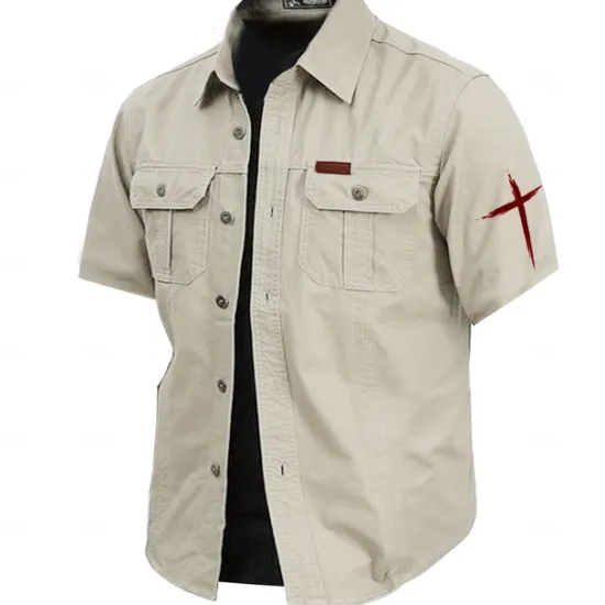 Online OUKU Men's Cross Work Shirt Western Shirt Cargo Shirt Short Sleeve Casual Tactical Sports & Outdoor Going out Summer Spring Turndown Print Army Green Khaki Dark Blue Beige