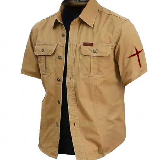 Online OUKU Men's Cross Work Shirt Western Shirt Cargo Shirt Short Sleeve Casual Tactical Sports & Outdoor Going out Summer Spring Turndown Print Army Green Khaki Dark Blue Beige