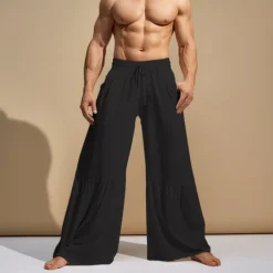 Hot OUKU Men's Culottes Wide Leg Linen Pants Trousers Summer Pants Patchwork Drawstring Elastic Waist Plain Comfort Breathable Casual Daily Holiday Fashion Classic Style Black White