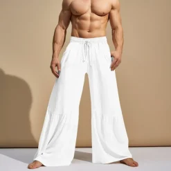 Hot OUKU Men's Culottes Wide Leg Linen Pants Trousers Summer Pants Patchwork Drawstring Elastic Waist Plain Comfort Breathable Casual Daily Holiday Fashion Classic Style Black White