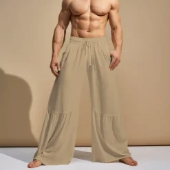 Hot OUKU Men's Culottes Wide Leg Linen Pants Trousers Summer Pants Patchwork Drawstring Elastic Waist Plain Comfort Breathable Casual Daily Holiday Fashion Classic Style Black White