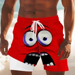 OUKU Men's 3D Cartoon Funny Smile Face Lined Shorts 2 in 1 Board Shorts Swim Shorts Mid Waist Hawaiian Holiday Side Pockets With Compression Liner Elastic Drawstring Waist Designer Clothing Apparel