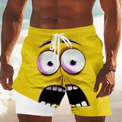 OUKU Men's 3D Cartoon Funny Smile Face Lined Shorts 2 in 1 Board Shorts Swim Shorts Mid Waist Hawaiian Holiday Side Pockets With Compression Liner Elastic Drawstring Waist Designer Clothing Apparel
