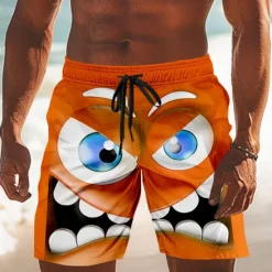 Clearance OUKU Men's 3D Cartoon Smile Face Big Eyes Swim Trunks Swim Shorts Board Shorts Mid Waist Funny Outdoor Vacation Dailywear Side Pockets Mesh Lining Elastic Drawstring Waist Designer Clothing Apparel