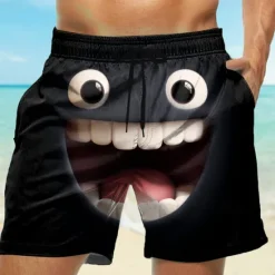 New OUKU Men's 3D Cartoon Smile Face Big Eyes Swim Trunks Swim Shorts Board Shorts Mid Waist Funny Outdoor Vacation Dailywear Side Pockets Mesh Lining Elastic Drawstring Waist Designer Clothing Apparel