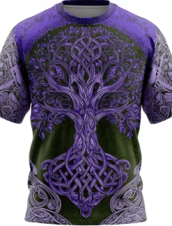 Discount OUKU Men's 3D Celtics Tree Of Life T Shirt Short Sleeve T shirt 3D Print Crew Neck Shirt Viking Designer Casual Party Street Blue Purple Brown Summer Spring Clothing Apparel S M L XL XXL XXXL