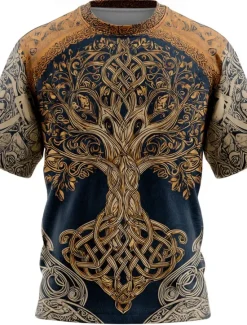 Discount OUKU Men's 3D Celtics Tree Of Life T Shirt Short Sleeve T shirt 3D Print Crew Neck Shirt Viking Designer Casual Party Street Blue Purple Brown Summer Spring Clothing Apparel S M L XL XXL XXXL