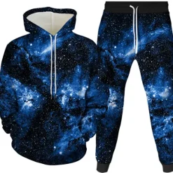 Clearance OUKU Men's 3D Galaxy Star Print 2pcs 3D Sweatshirt Sets Tracksuit Hoodies Long Sleeve Long pants Hooded 3D Print Casual Daily Front Pocket Wine Royal Blue Purple