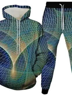 Clearance OUKU Men's 3D Geometic 2pcs 3D Sweatshirt Sets Tracksuit Hoodie Sweatshirt Long Sleeve Long pants Hooded Casual Daily Athleisure 3D Print Spring Fall Winter Robin's Egg Blue Pink Rainbow