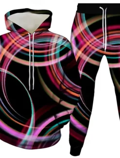 Clearance OUKU Men's 3D Geometic 2pcs 3D Sweatshirt Sets Tracksuit Hoodie Sweatshirt Long Sleeve Long pants Hooded Casual Daily Athleisure 3D Print Spring Fall Winter Robin's Egg Blue Pink Rainbow