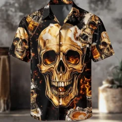 Hot OUKU Men's 3D Oktoberfest Beer Skulls Shirt Summer Shirt Button Up Shirt Short Sleeve Vintage Retro Outdoor Holiday Summer Spring Turndown 3D Print Collared Shirts Black 1 Black Orange
