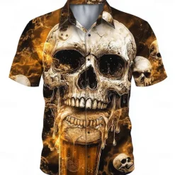 Hot OUKU Men's 3D Oktoberfest Beer Skulls Shirt Summer Shirt Button Up Shirt Short Sleeve Vintage Retro Outdoor Holiday Summer Spring Turndown 3D Print Collared Shirts Black 1 Black Orange