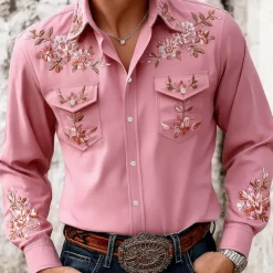 New OUKU Men's 3D Print Floral Print Flowers Western Shirt Button Up Shirt Cowboy Shirt Long Sleeve Vintage Retro Outdoor Holiday Spring Fall Turndown Collared Shirts Front Two Pockets Pink Beige