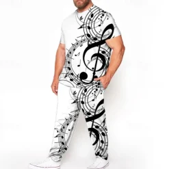 Outlet OUKU Men's 3D Print Graphic Prints Musical Notes 2pcs Tees sets Matching Sets Short Sleeve Long pants Crew Neck Fashion Streetwear Casual Outdoor Daily Sports 3D Print Spring & Summer White Blue Brown